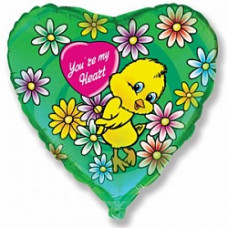 Шар (18''/46 см) Сердце, Цыпленок с цветами, Зеленый
