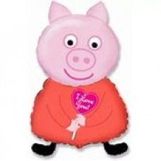 Шар (14"/36 см) Мини-фигура, Поросенок с сердцем, Розовый