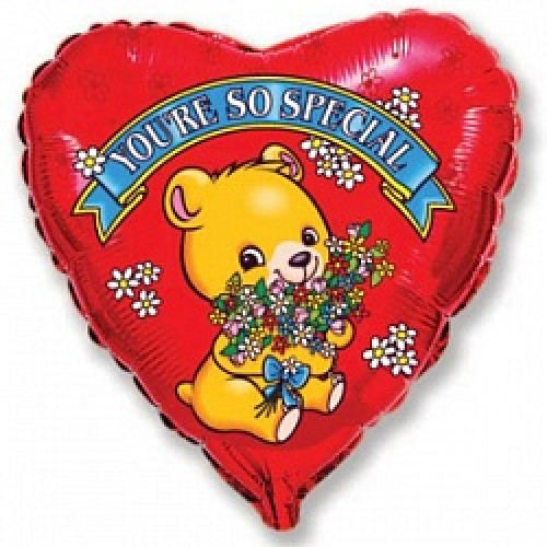Шар (18"/46 см) Сердце, Влюбленный медвежонок с цветами, Красный