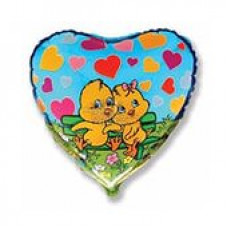 Шар (18"/46 см) Сердце, Два цыпленка с цветами