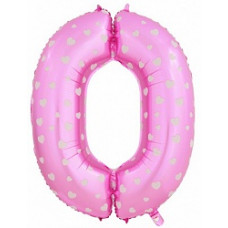Шар (40\'\'/102 см) Цифра, 0 Сердечки, Розовый, 1 шт. в упак.