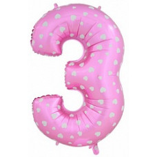 Шар (40\'\'/102 см) Цифра, 3 Сердечки, Розовый, 1 шт. в упак.