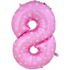 Шар (40\'\'/102 см) Цифра, 8 Сердечки, Розовый, 1 шт. в упак.