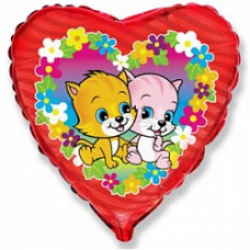 Шар (9"/23 см) Мини-сердце, Коты с цветами Сиреневый