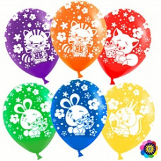Воздушный Шар (12''/30 см) Зверята и подарки, Ассорти, лайт, пастель, 5 ст, 50 шт.