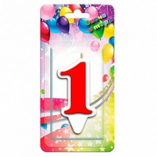 Свеча Цифра, 1 Белая окантовка, Красный, 9 см, 1 шт.