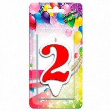 Свеча Цифра, 2 Белая окантовка, Красный, 9 см, 1 шт.