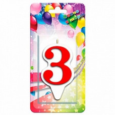 Свеча Цифра, 3 Белая окантовка, Красный, 9 см, 1 шт.