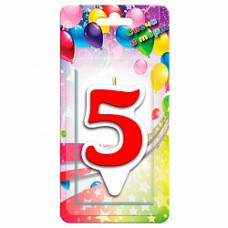 Свеча Цифра, 5 Белая окантовка, Красный, 9 см, 1 шт.