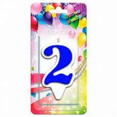 Свеча Цифра, 2 Белая окантовка, Синий, 9 см, 1 шт.