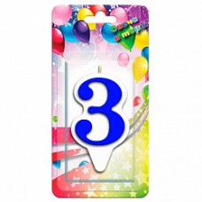 Свеча Цифра, 3 Белая окантовка, Синий, 9 см, 1 шт.