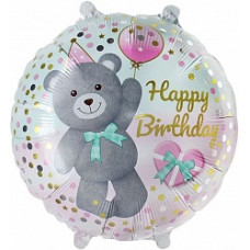 Шар (18''/46 см) Круг, С Днем Рождения (плюшевый мишка), Серый/Белый, 1 шт.