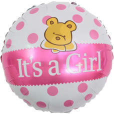 Шар (18''/46 см) Круг, С Рождением Малышки! (плюшевый мишка), Розовый, 1 шт.