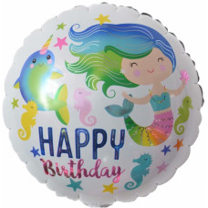 Шар (18''/46 см) Круг, С Днем Рождения (Русалочка и нарвал), Белый, 1 шт.