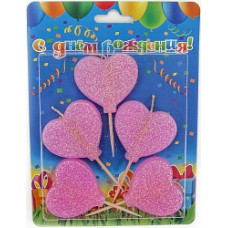 Свечи Сердце, Розовый, с блестками, 6 см, 5 шт.