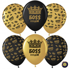 Воздушный шар (12''/30 см) Босс $$$ Дэй (корона), Золото (818)/Черный (299), металлик, 5 ст, 25 шт.