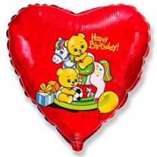 Шар (18''/46 см) Сердце, С Днем рождения (мишки на лошадке), Красный