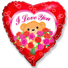 Шар (18''/46 см) Сердце, Медведь с розами, Красный