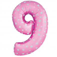 Шар (40\'\'/102 см) Цифра, 9 Сердечки, Розовый, 1 шт. в упак.