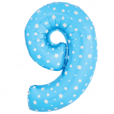 Шар (40\'\'/102 см) Цифра, 9 Звездочки, Голубой, 1 шт. в упак.