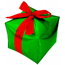 Шар (28''/71 см) Куб, Подарок с бантиком, Зеленый