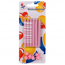 Свечи Полоски и Точки розовые 8см с держателями 6шт.