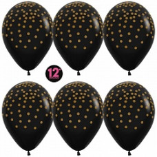 Воздушный шар (12''/30 см) Золотое конфетти, Черный (580), металлик, 5 ст, 50 шт.