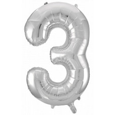 Шар (34\'\'/86 см) Цифра, 3, Серебро, 1 шт. в упак.
